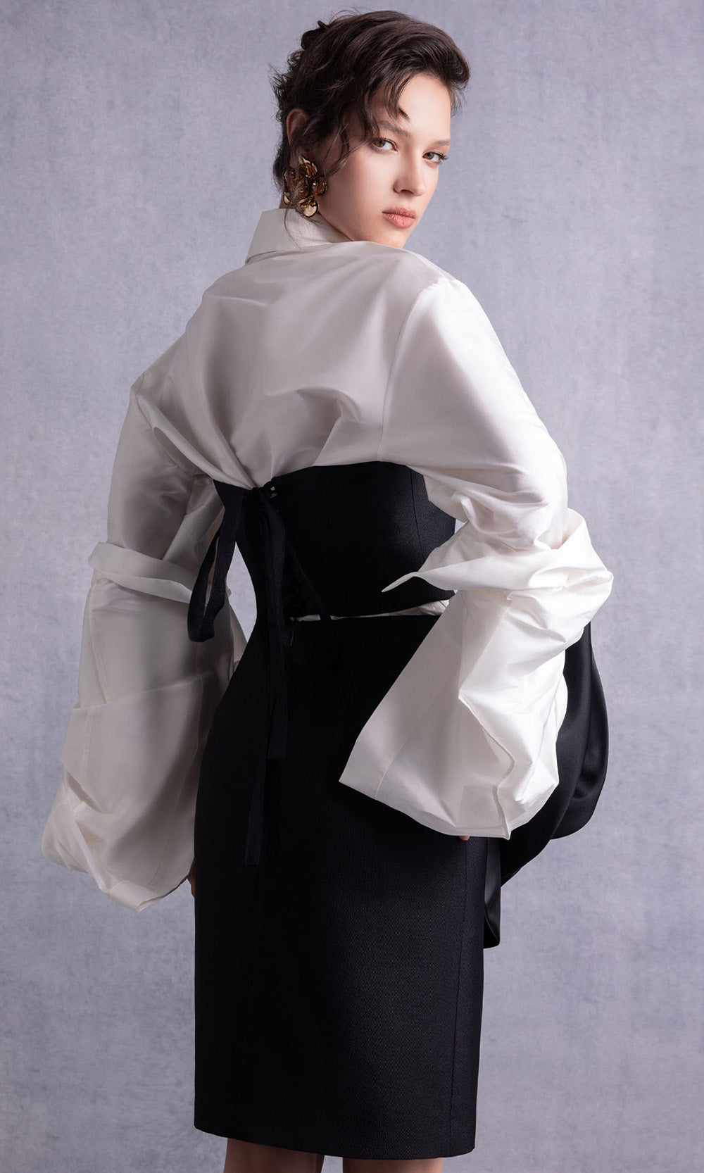 MNM COUTURE GOS2526 - Exaggerated Puffed Sleeve Fitted Dress Prom Dresses in Black White