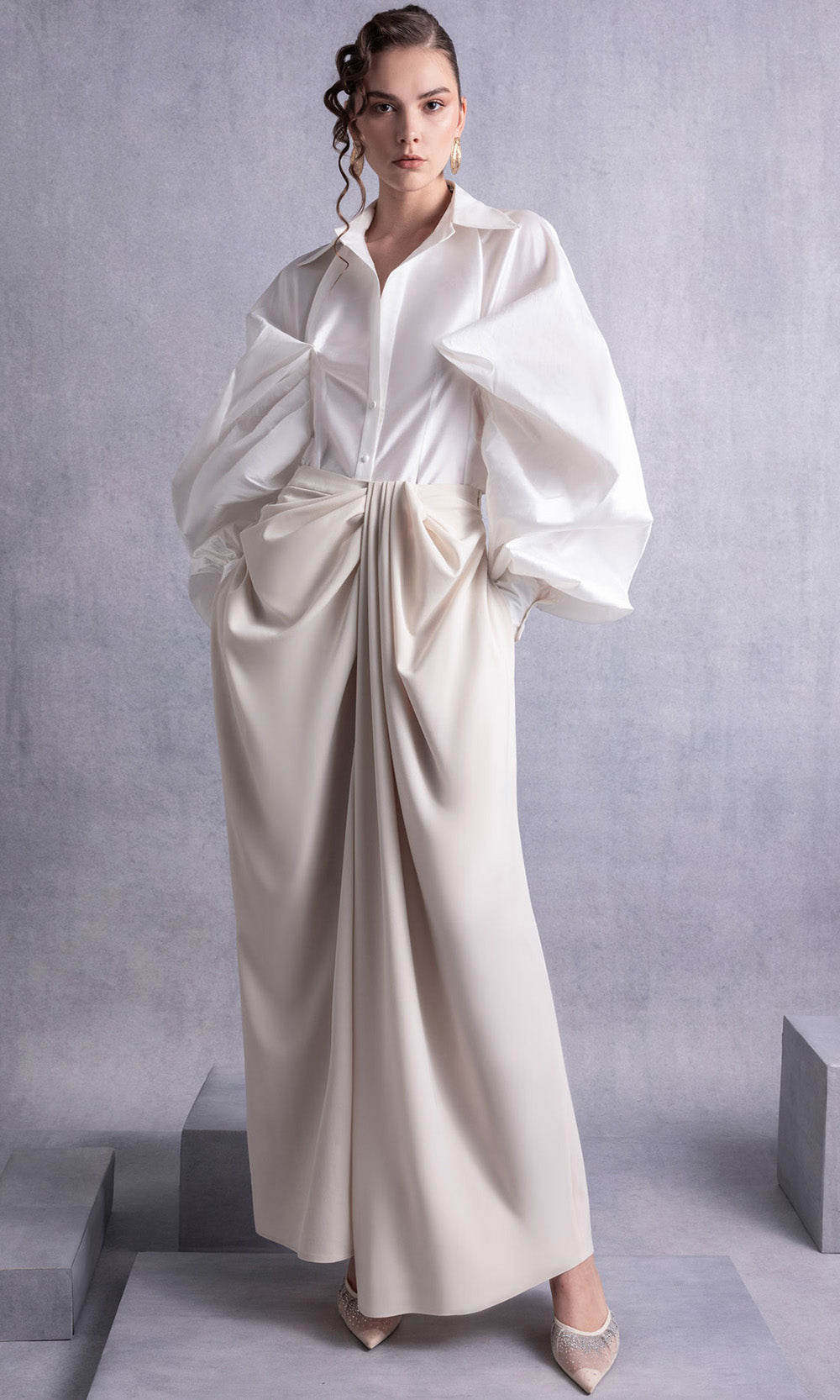 MNM COUTURE GOS2529 - Collared Neck Draped Pantsuit Formal Gowns in Off White
