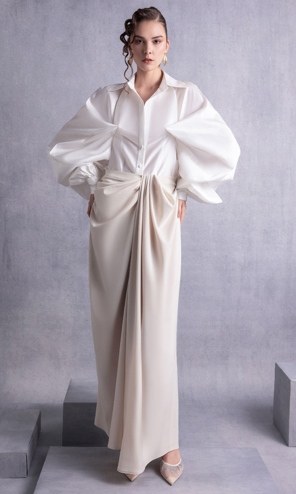 MNM COUTURE GOS2529 - Collared Neck Draped Pantsuit Formal Gowns in Off White