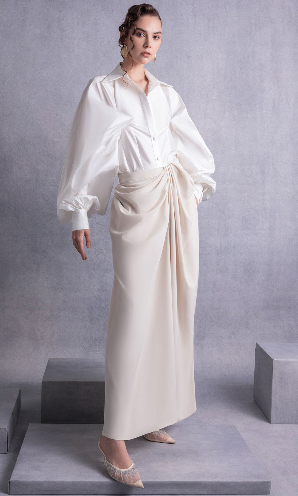 MNM COUTURE GOS2529 - Collared Neck Draped Pantsuit Formal Gowns in Off White