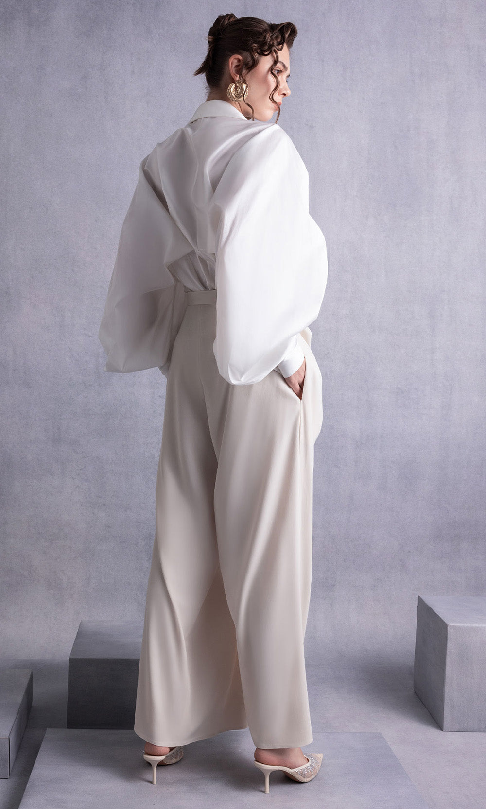 MNM COUTURE GOS2529 - Collared Neck Draped Pantsuit Formal Gowns in Off White