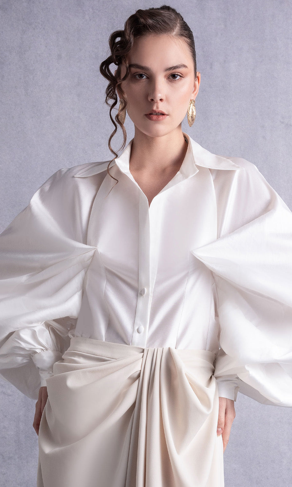 MNM COUTURE GOS2529 - Collared Neck Draped Pantsuit Formal Gowns in Off White