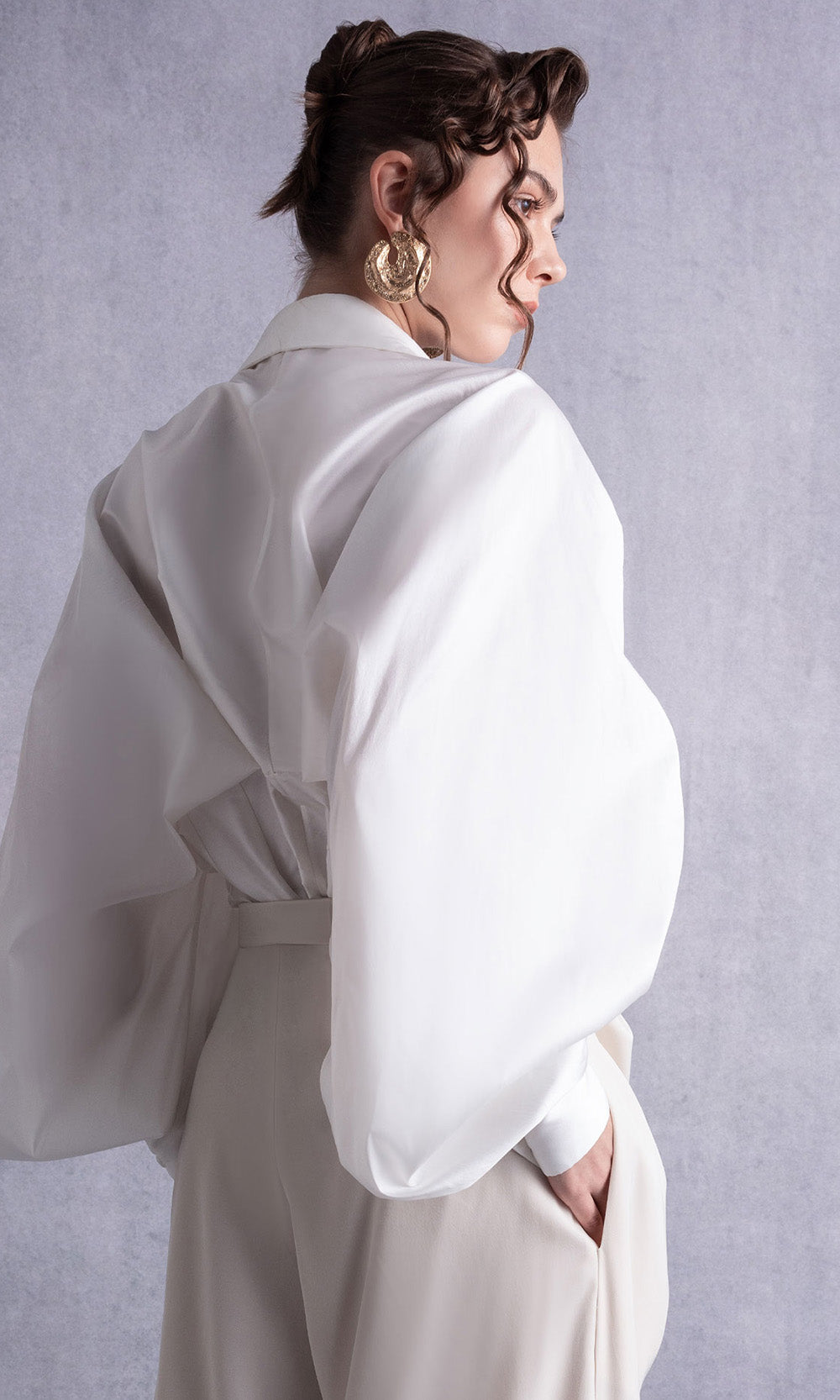 MNM COUTURE GOS2529 - Collared Neck Draped Pantsuit Formal Gowns in Off White