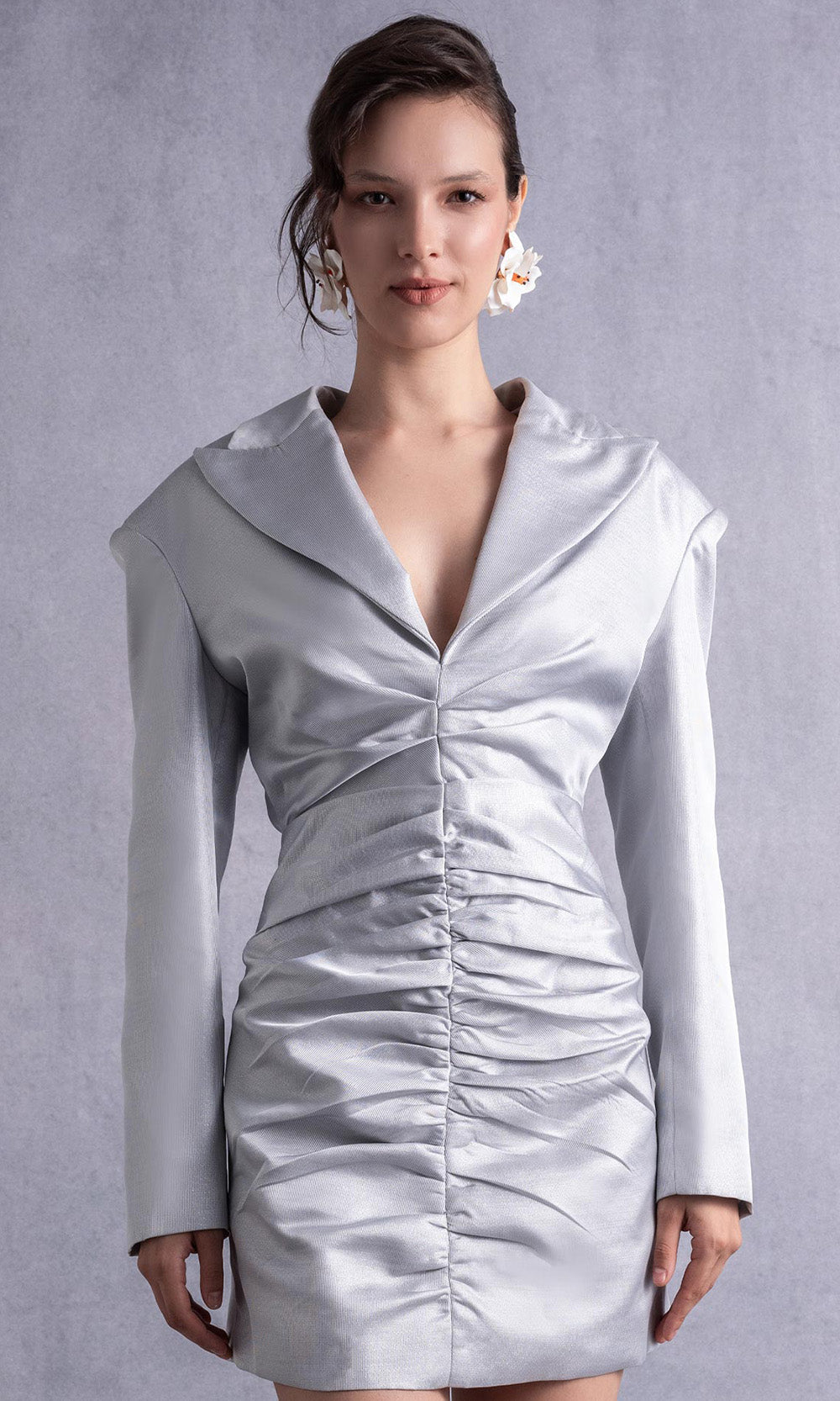 MNM COUTURE GOS2530 - Sculpted Collar Long Sleeve Fitted Dress Prom Dresses Silver