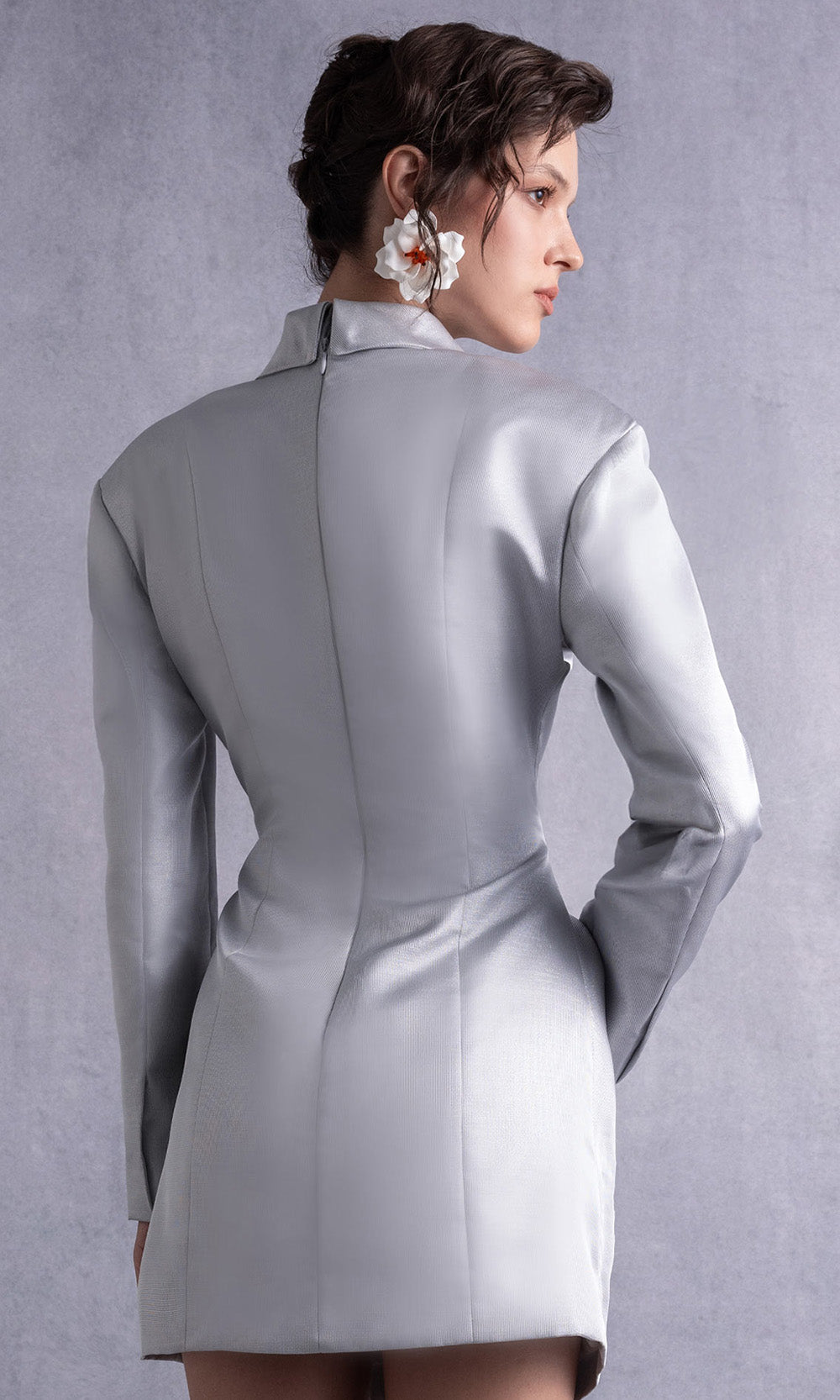 MNM COUTURE GOS2530 - Sculpted Collar Long Sleeve Fitted Dress Prom Dresses Silver