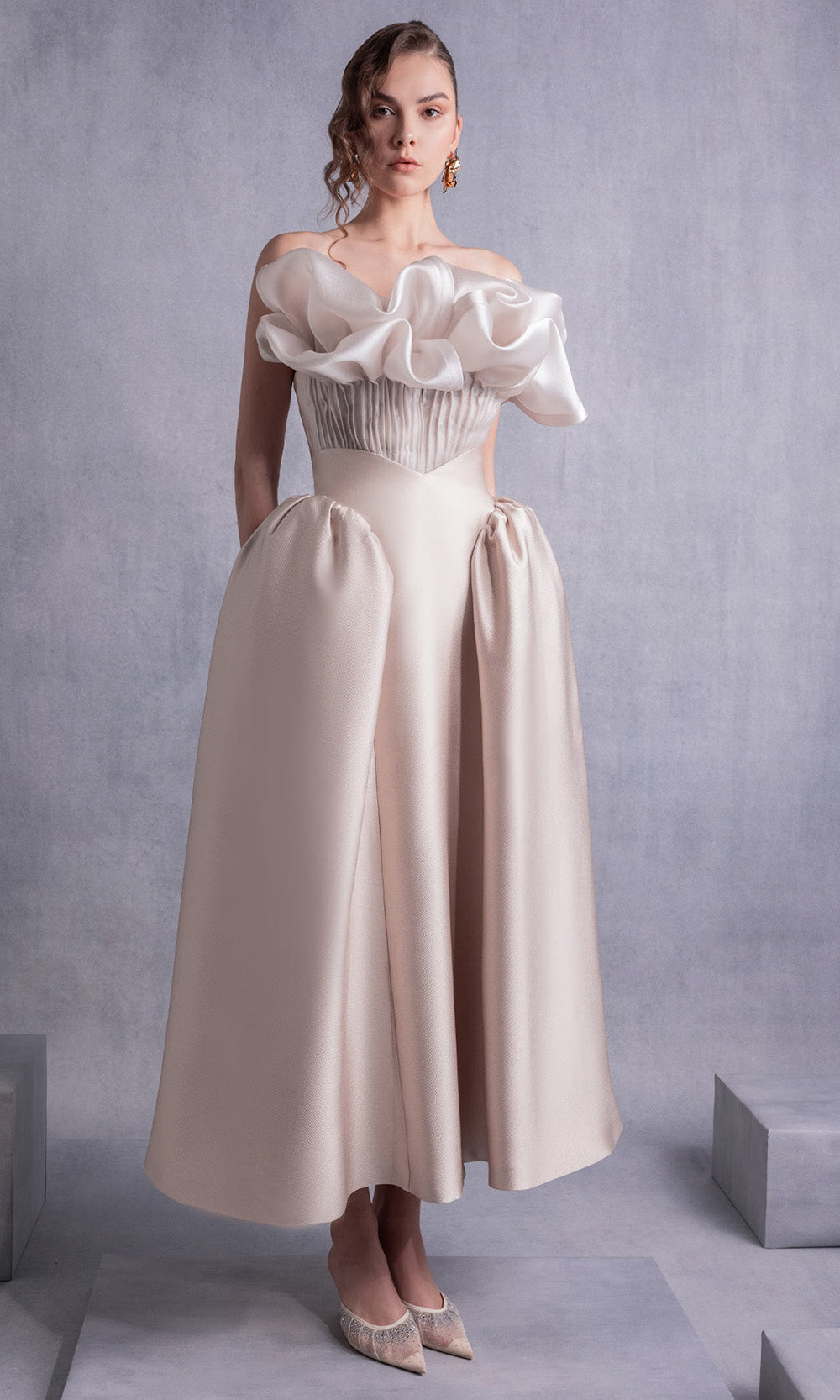 MNM COUTURE GOS2531 - Architectural Ruffled Midi A-Line Dress Prom Dresses Gold