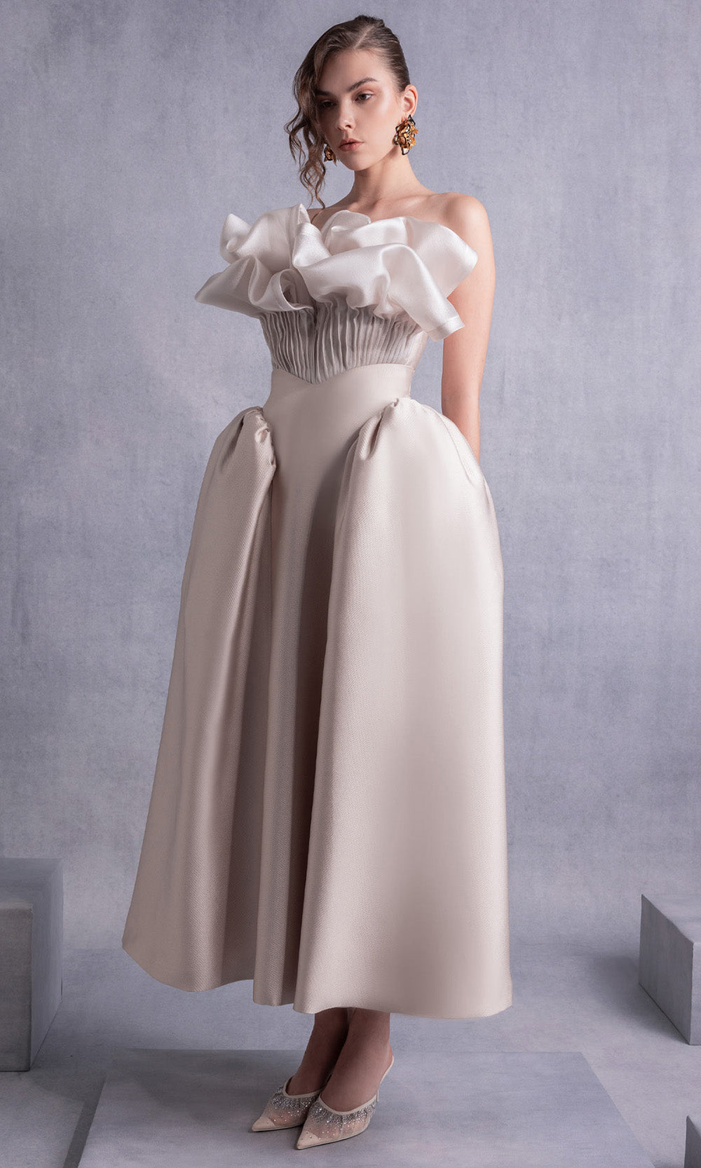 MNM COUTURE GOS2531 - Architectural Ruffled Midi A-Line Dress Prom Dresses Gold