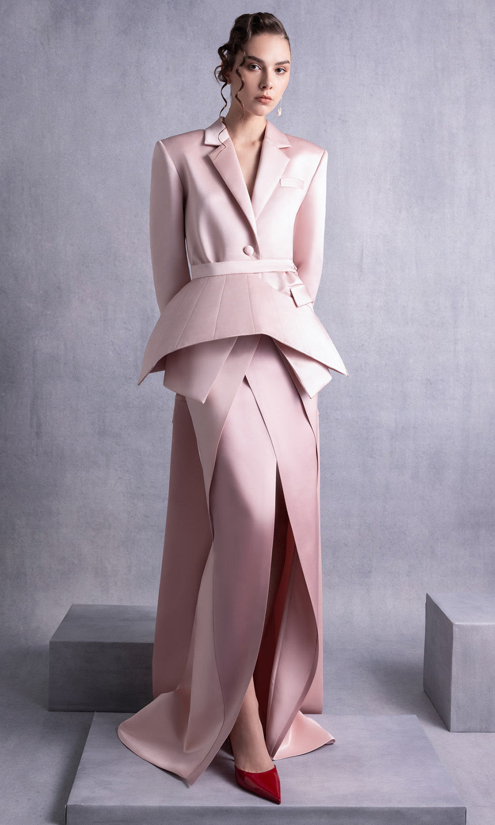MNM COUTURE GOS2532 - V-Neckline Layered Gown with Front Slit Evening Dresses Pink