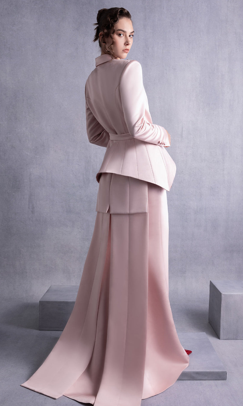 MNM COUTURE GOS2532 - V-Neckline Layered Gown with Front Slit Evening Dresses Pink