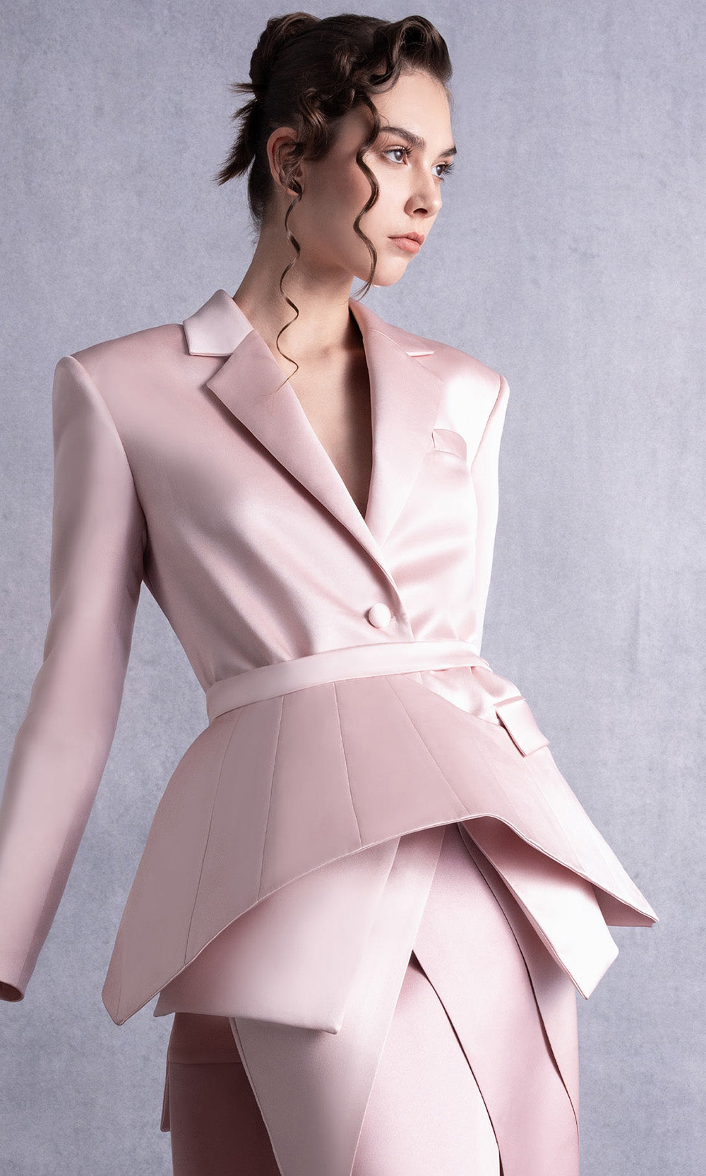 MNM COUTURE GOS2532 - V-Neckline Layered Gown with Front Slit Evening Dresses Pink