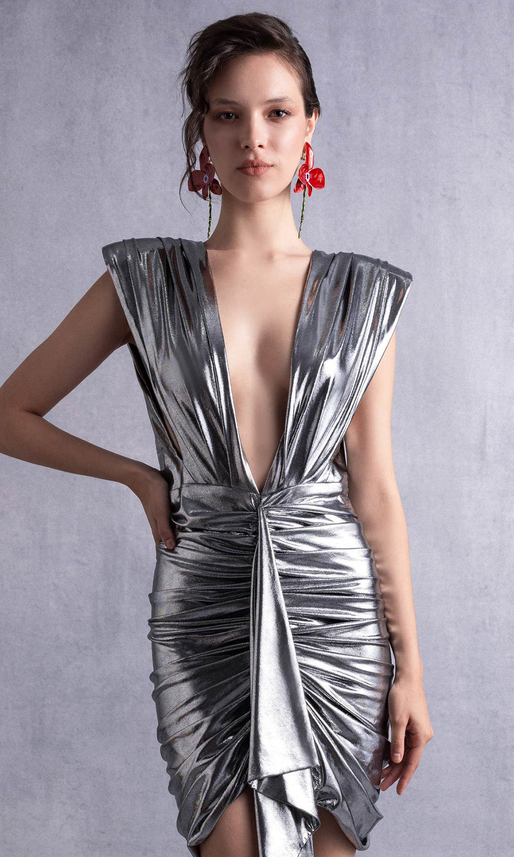 MNM COUTURE GOS2534 - Cap Sleeve Ruched Bodice Cocktail Dress Cocktail Dresses Silver