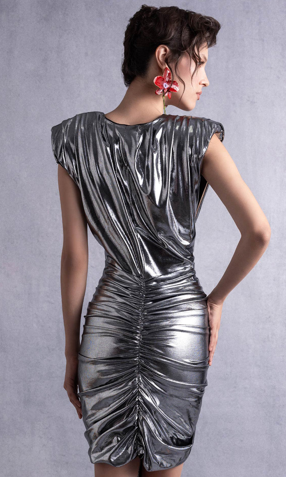 MNM COUTURE GOS2534 - Cap Sleeve Ruched Bodice Cocktail Dress Cocktail Dresses Silver
