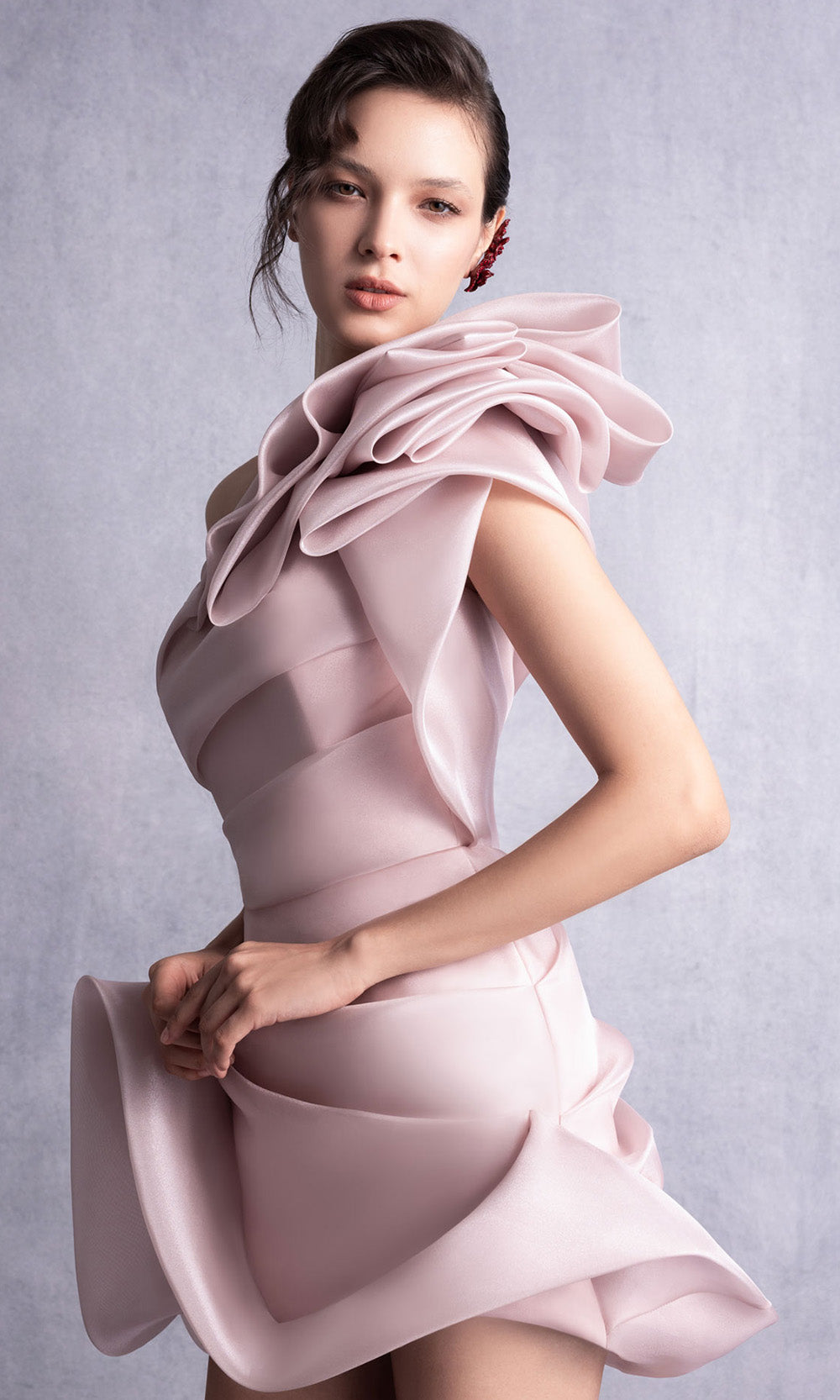 MNM COUTURE GOS2536 - Asymmetric Neckline Structured Ruffle Dress Cocktail Dresses Pink