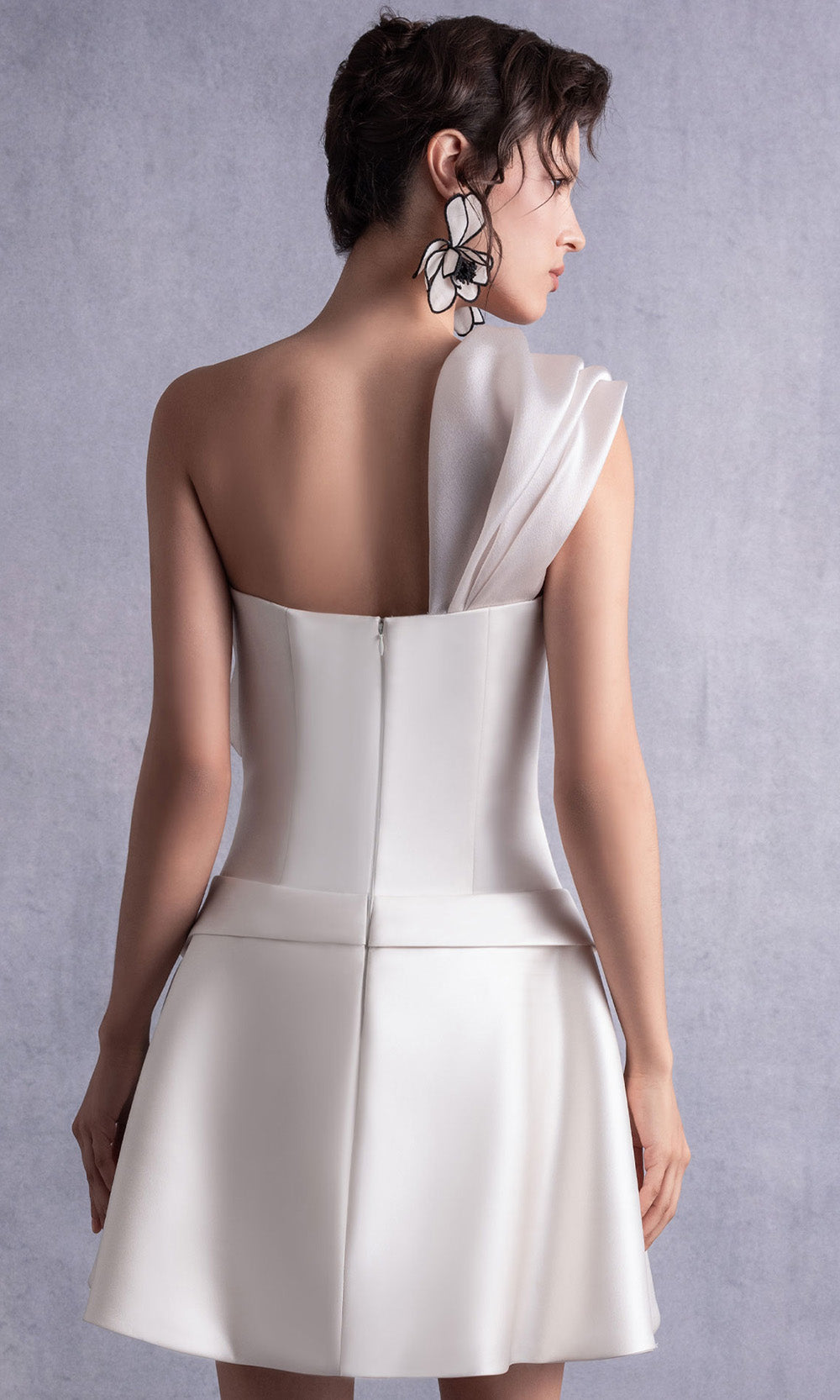 MNM COUTURE GOS2537 - Pleated Skirt Asymmetric Mini Dress Wedding Dresses in Off White