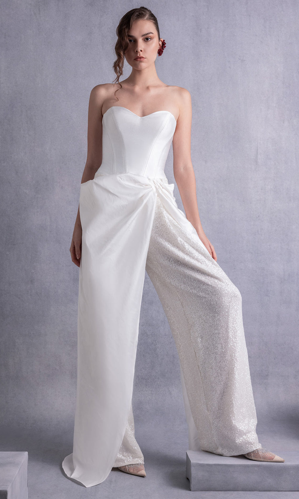 MNM COUTURE GOS2540 - Strapless Tailored Overlay Pantsuit Formal Pantsuits Off White