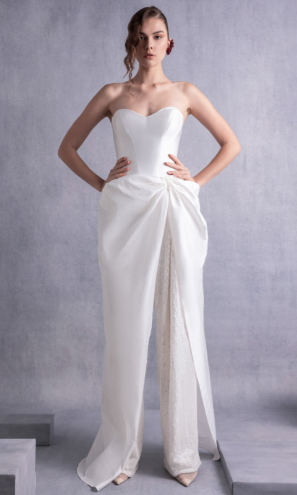 MNM COUTURE GOS2540 - Strapless Tailored Overlay Pantsuit Formal Pantsuits Off White