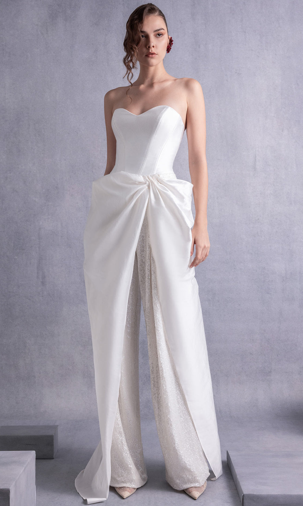 MNM COUTURE GOS2540 - Strapless Tailored Overlay Pantsuit Formal Pantsuits Off White