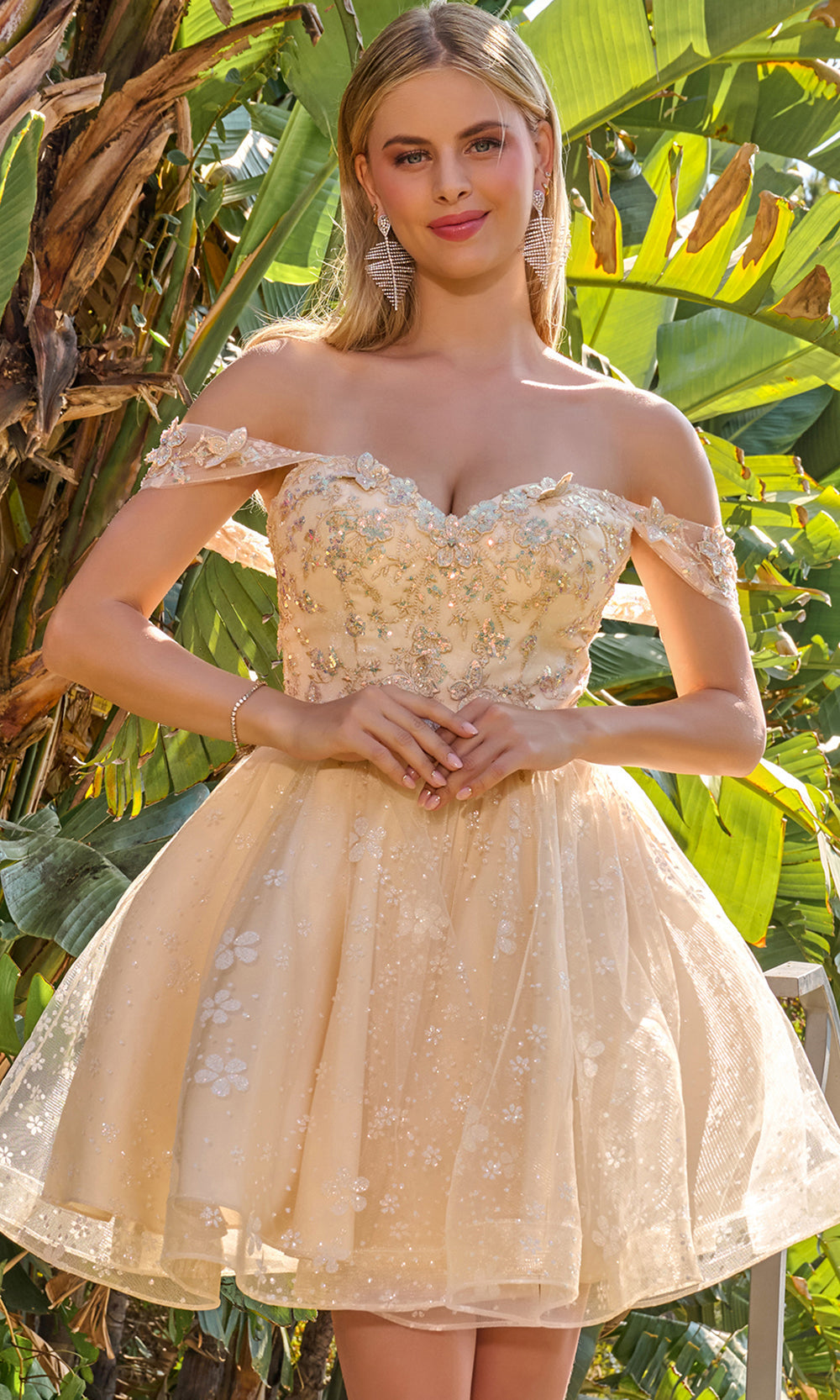 Elizabeth K GS3685 - Off Shoulder A-Line Mini Dress with Appliques Homecoming Dresses