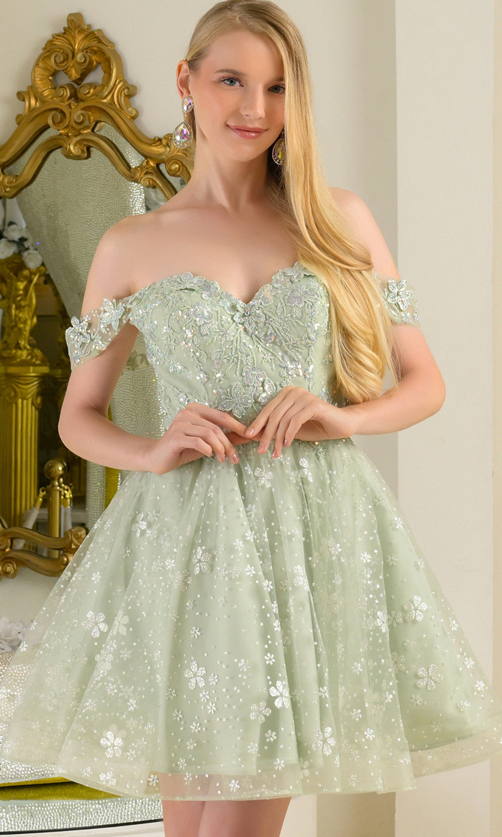 Elizabeth K GS3685 - Off Shoulder A-Line Mini Dress with Appliques Homecoming Dresses in Green