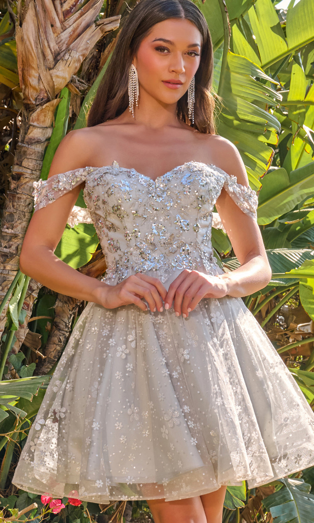 Elizabeth K GS3685 - Off Shoulder A-Line Mini Dress with Appliques Homecoming Dresses in Silver