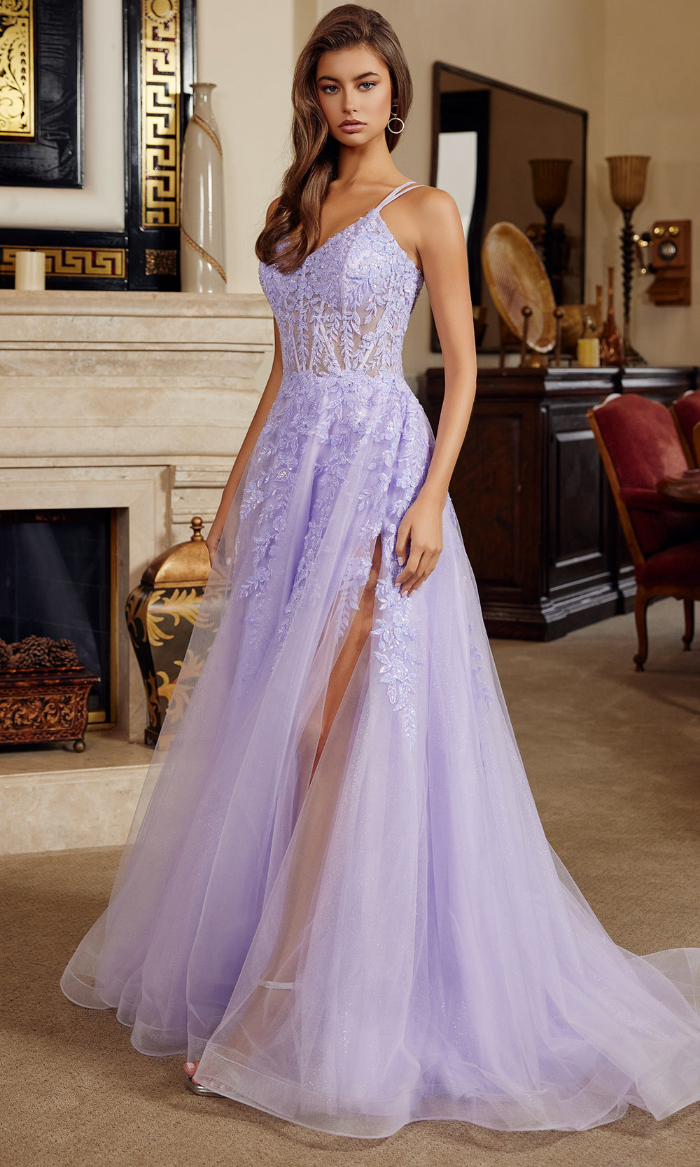 Nox Anabel H1882 - Beaded Bodice Tulle Gown with High Slit Prom Dresses
