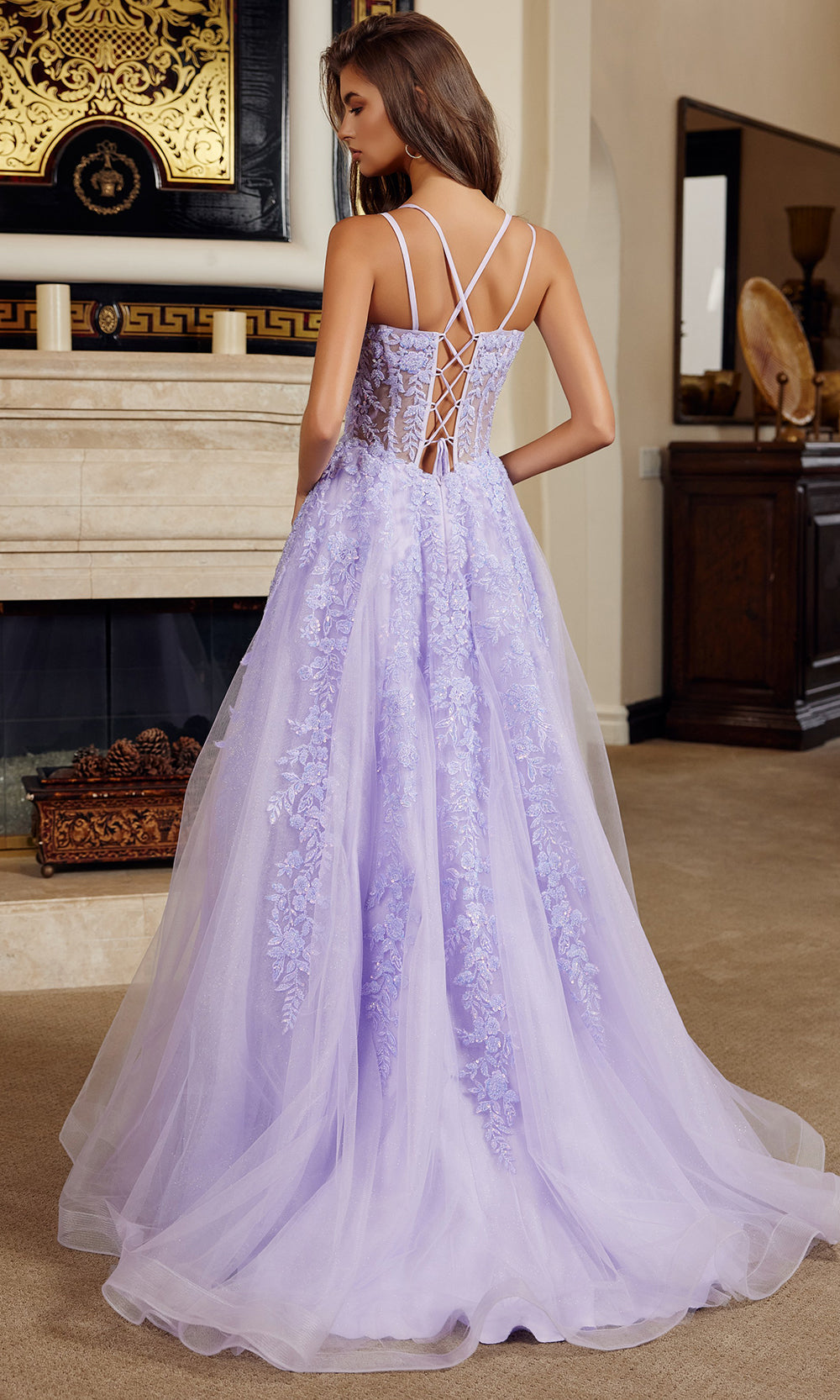 Nox Anabel H1882 - Beaded Bodice Tulle Gown with High Slit Prom Dresses