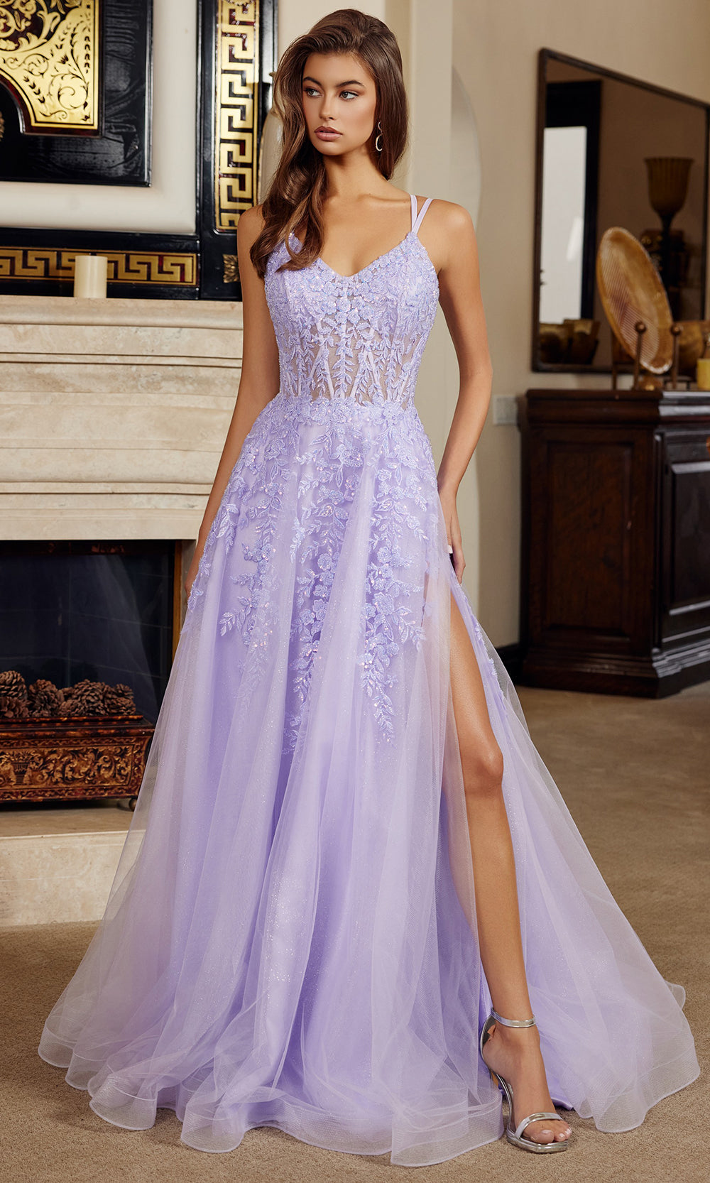 Nox Anabel H1882 - Beaded Bodice Tulle Gown with High Slit Prom Dresses