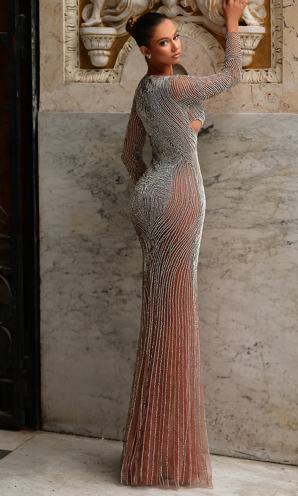 Chic and Holland HF110509 - Long Sleeve Allover Beaded Gown Prom Dresses