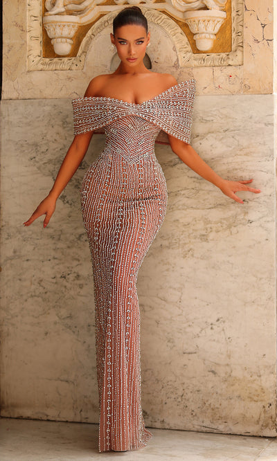 Chic and Holland HF110540 - Off Shoulder Back Slit Dress Pageant Dresses