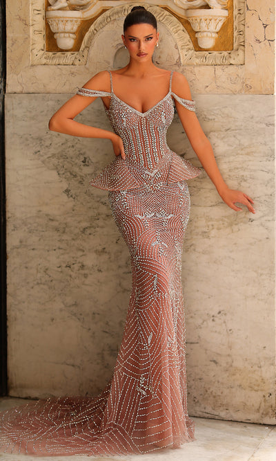Chic and Holland HF110543 - Cold Shoulder Sheath Dress with Beading Prom Dresses