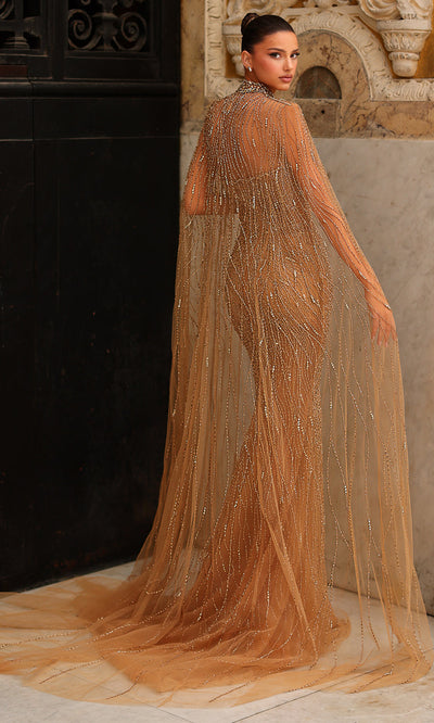 Chic and Holland HF110562 - Plunge Neck Sheath Dress with Cape Formal Gowns