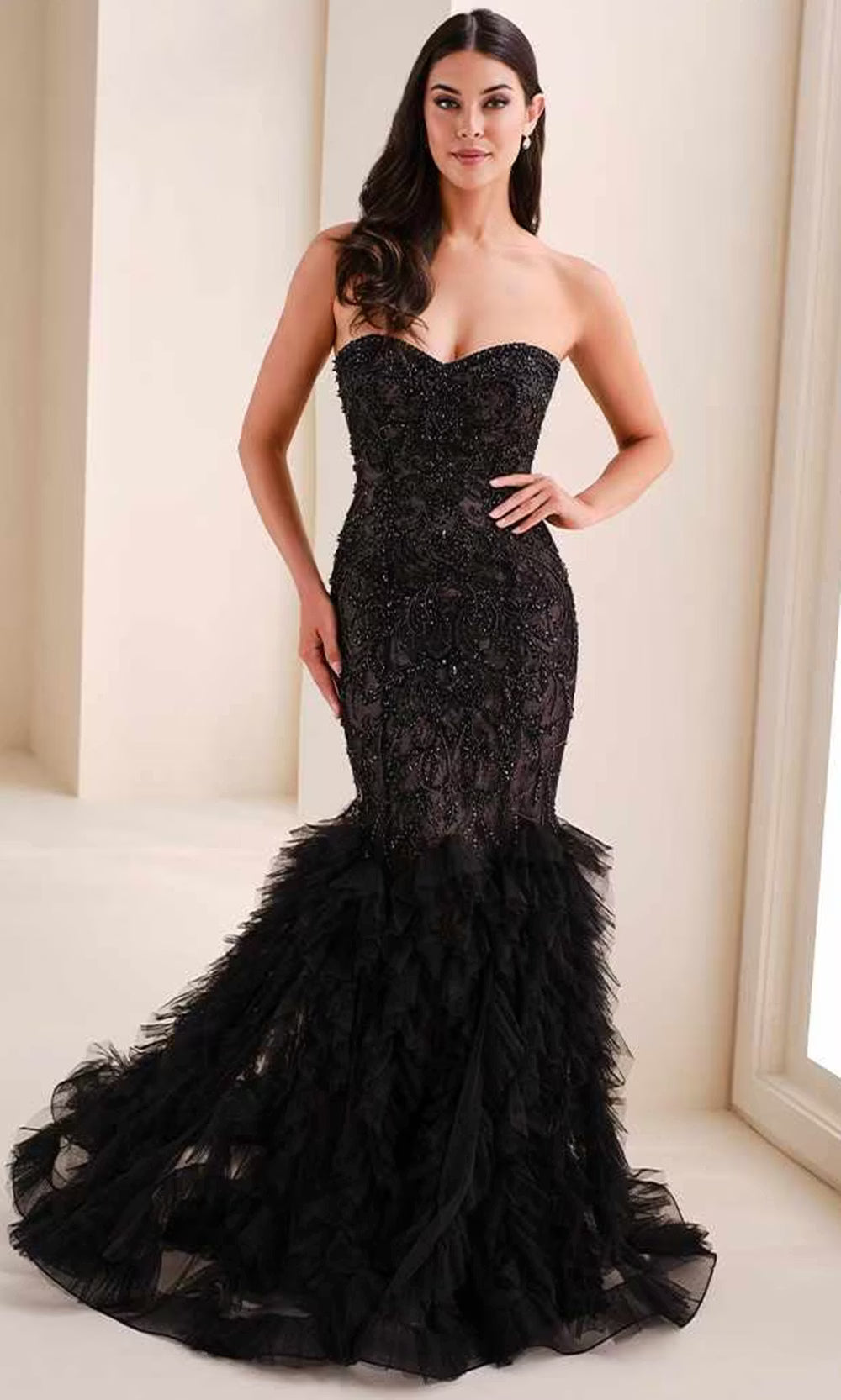 Ivonne D ID1208 - Sweetheart Neckline Ruffled Mermaid Dress Prom Dresses in Black  