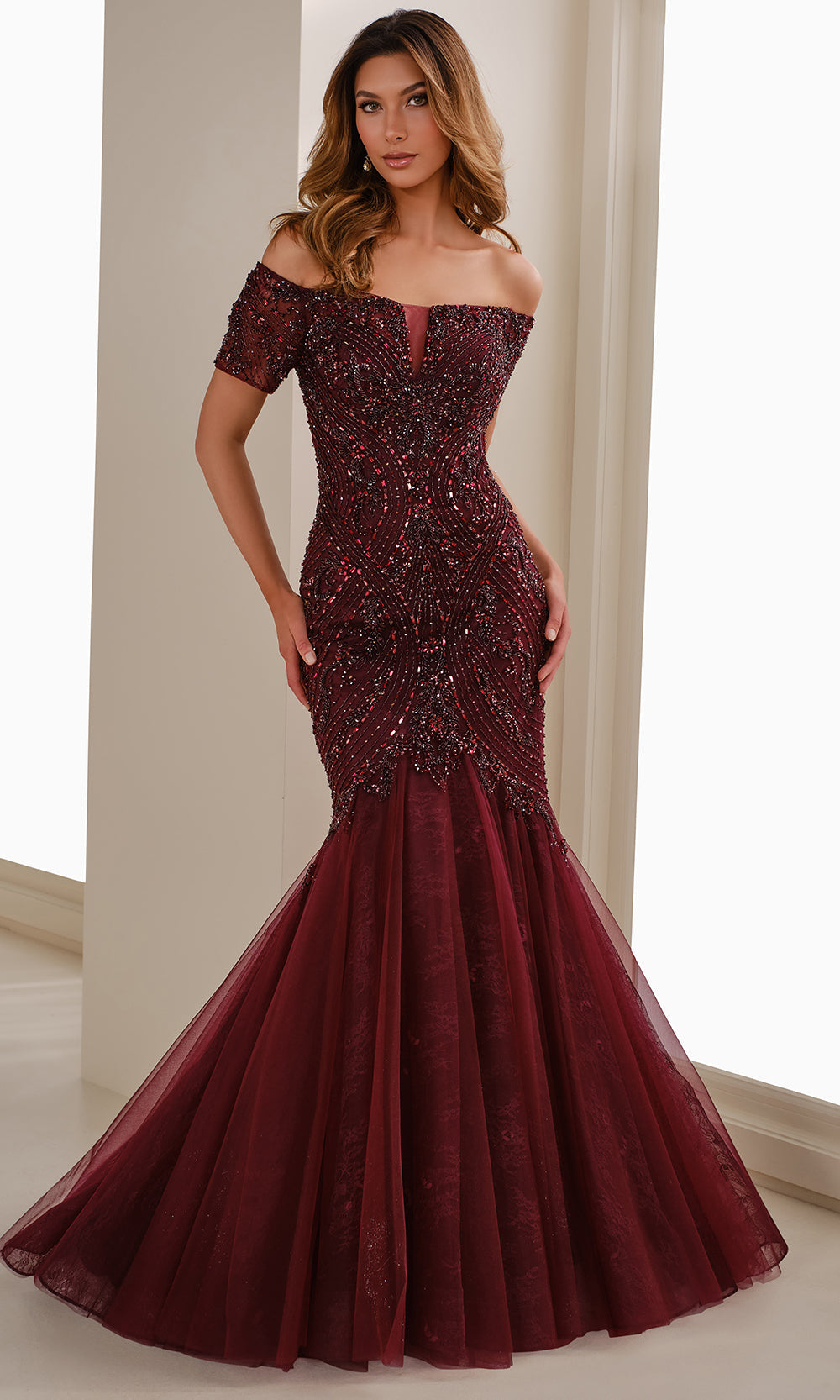 Ivonne D ID1402 - Short Sleeve Embellished Mermaid Gown Formal Gowns