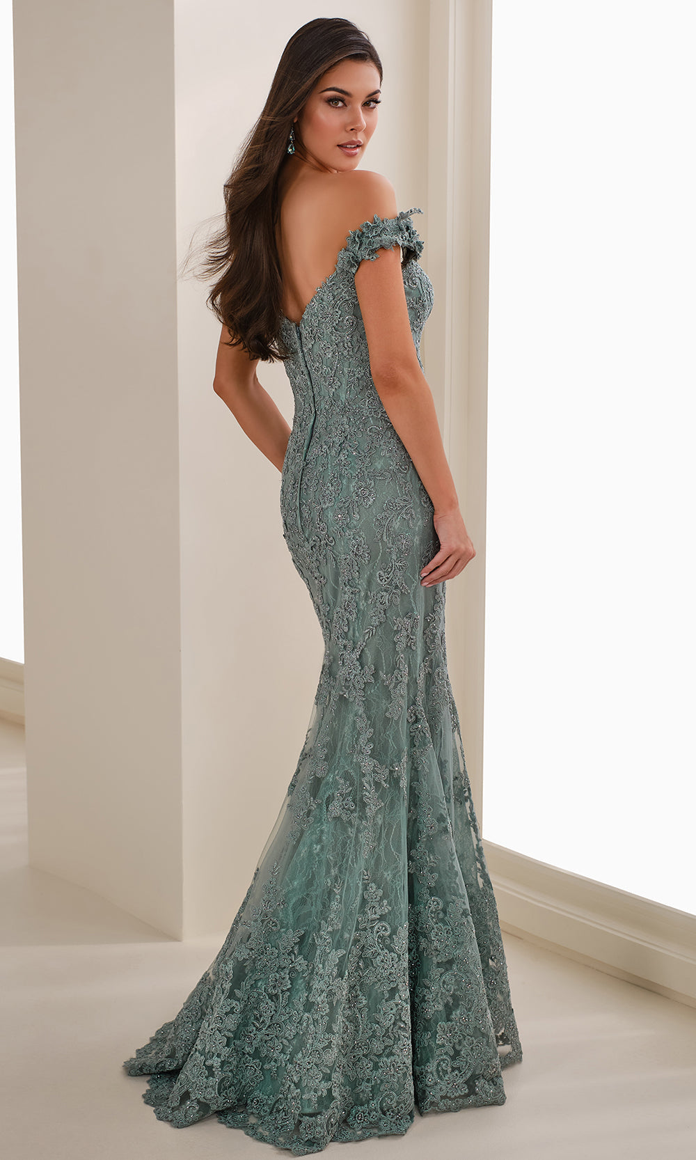 Ivonne D ID1407 - Off Shoulder Corded Lace Evening Gown Formal Gowns
