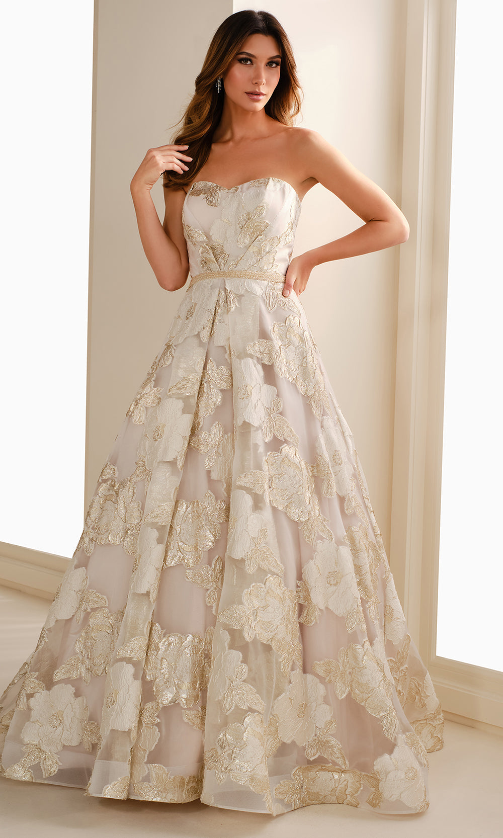 Ivonne D ID1410 - Long Brocade A-Line Dress - Strapless, Beaded Belt, Pleated Skirt, Matching Brocade Belt, Tulle Shawl, Separate Spaghetti Straps 10 Ivonne D ID1410 - Long Brocade A-Line Dress - Strapless, Beaded Belt, Pleated Skirt, Matching Brocade Belt, Tulle Shawl, Separate Spaghetti Straps 10