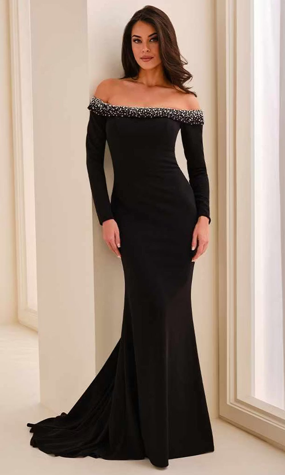 Ivonne D ID2203 - Off Shoulder Crepe Long Dress with Beading Backpack in Black  