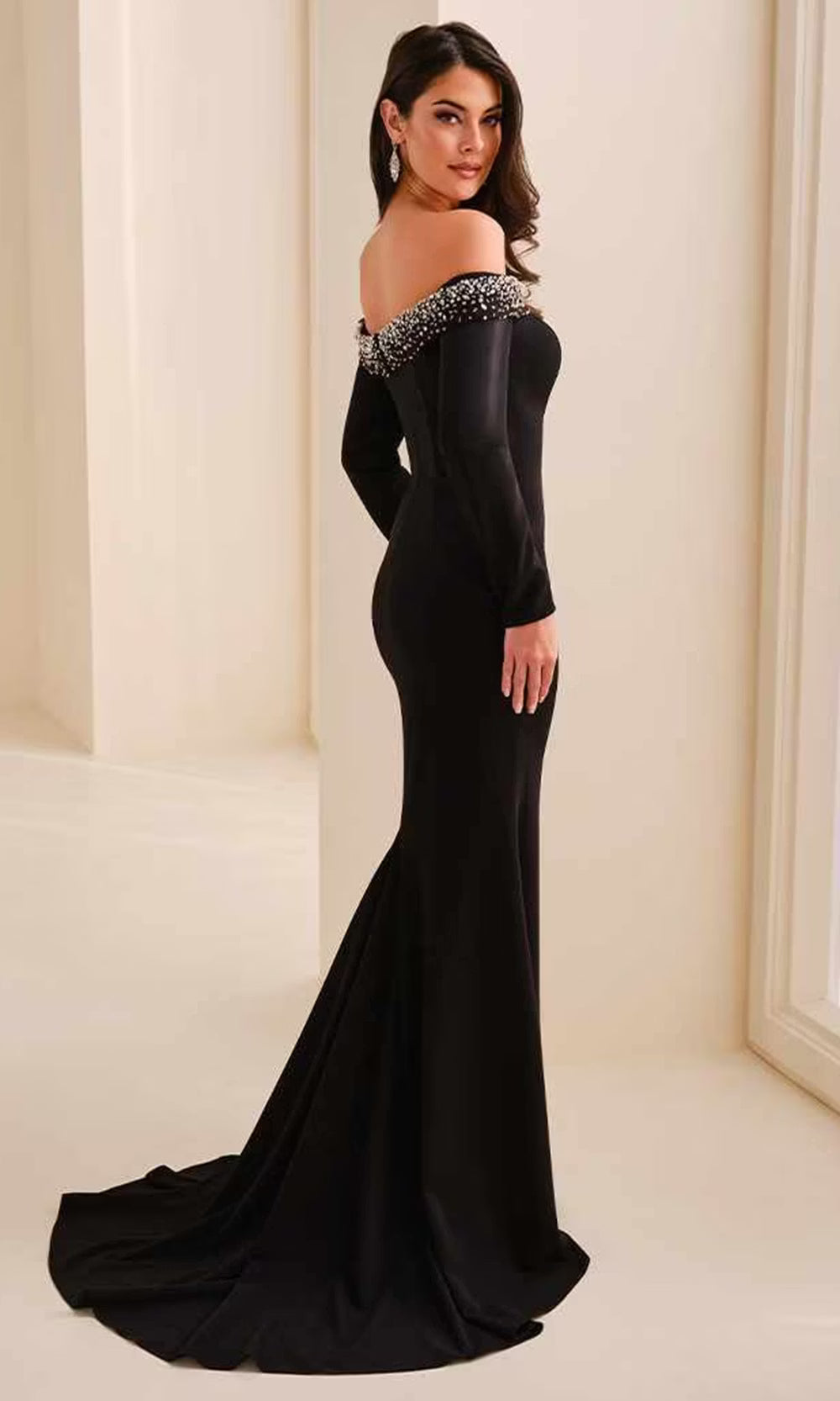 Ivonne D ID2203 - Off Shoulder Crepe Long Dress with Beading Backpack in Black  