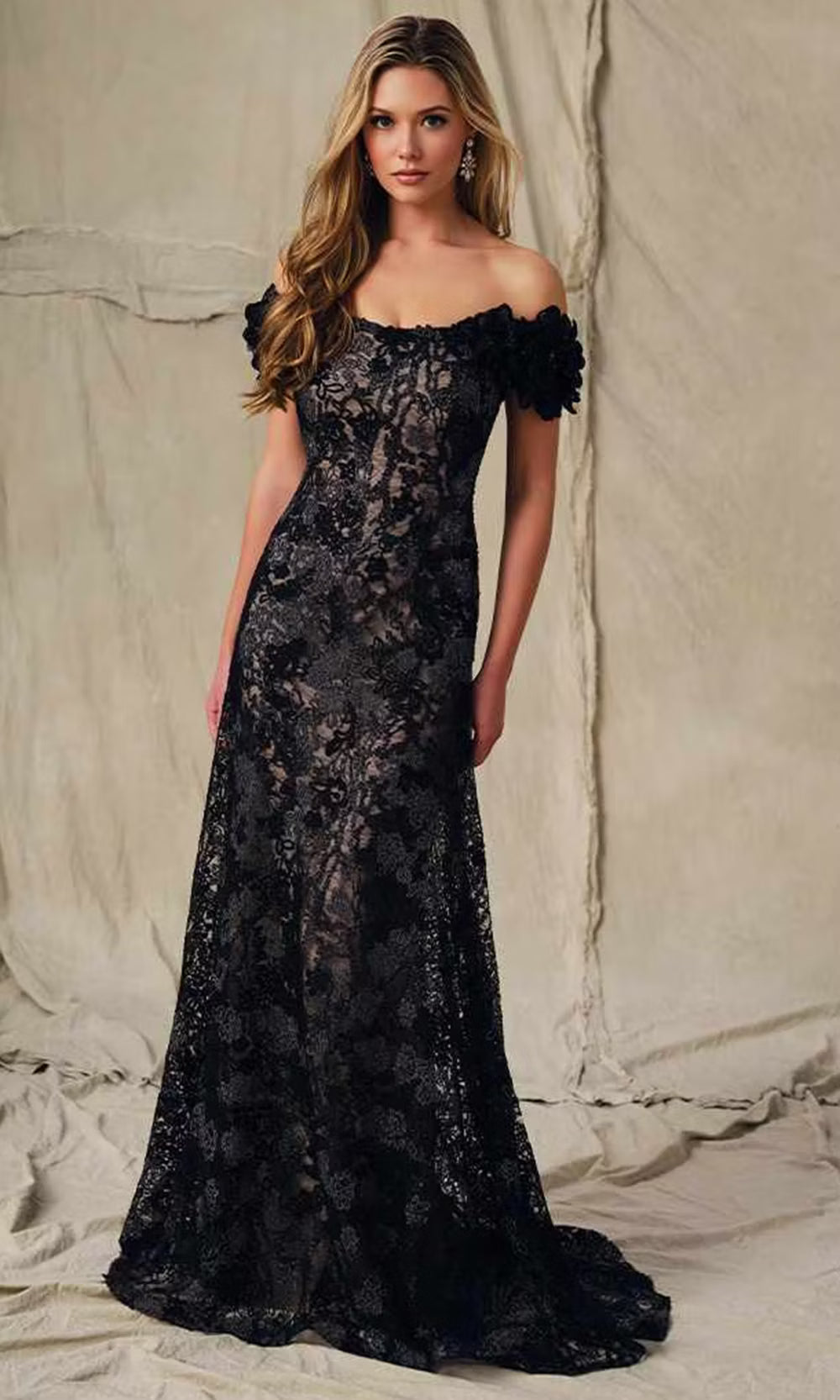Ivonne D ID2205 - Sequin Lace Off Shoulder Evening Dress Prom Dresses in Black Taupe 
