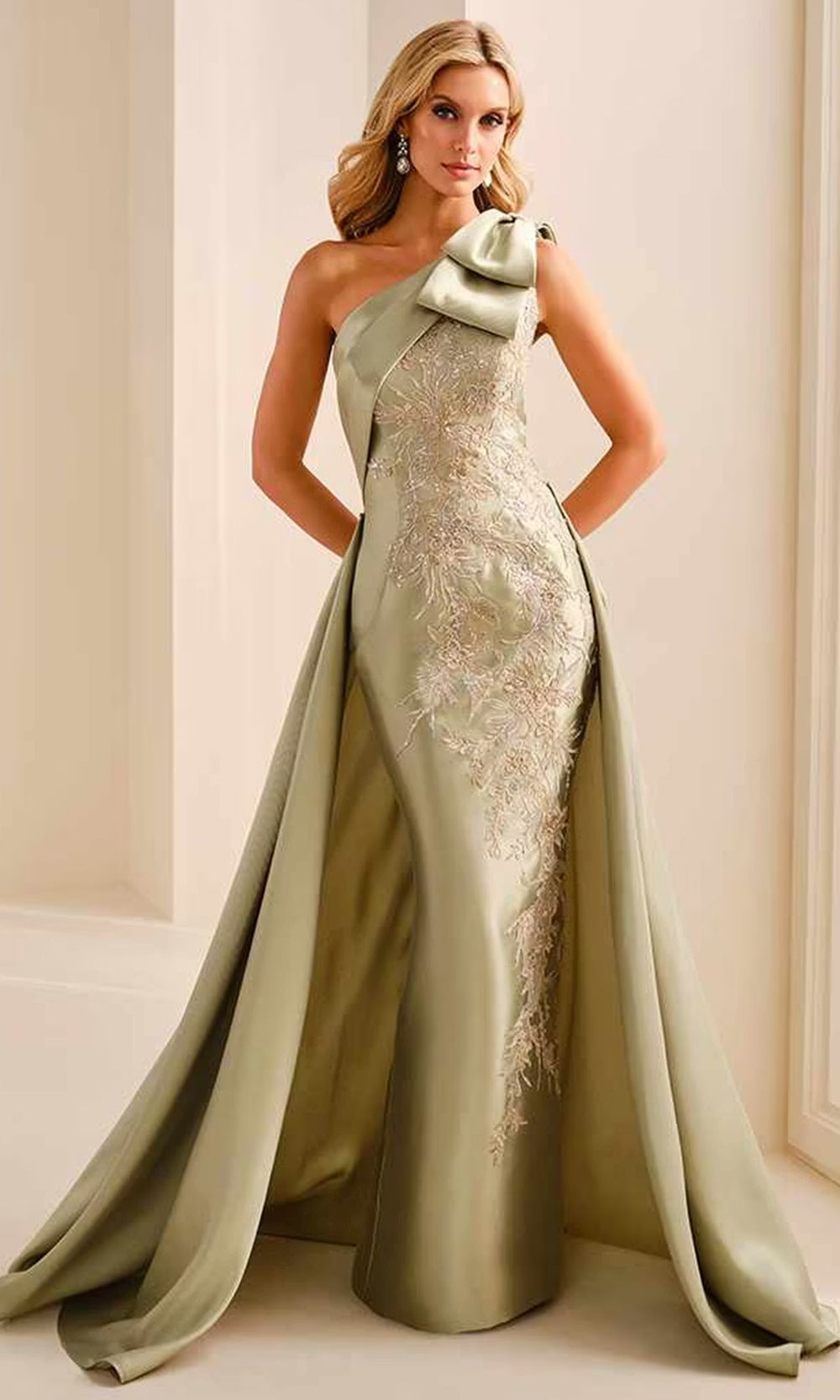 Ivonne D ID2207 - Embroidered Asymmetric Neck Column Dress Prom Dresses in Green  