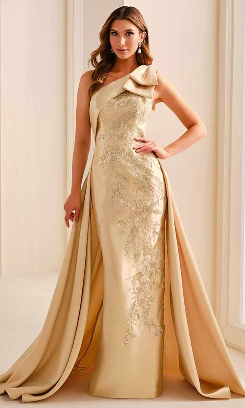 Ivonne D ID2207 - Embroidered Asymmetric Neck Column Dress Prom Dresses in Pink  