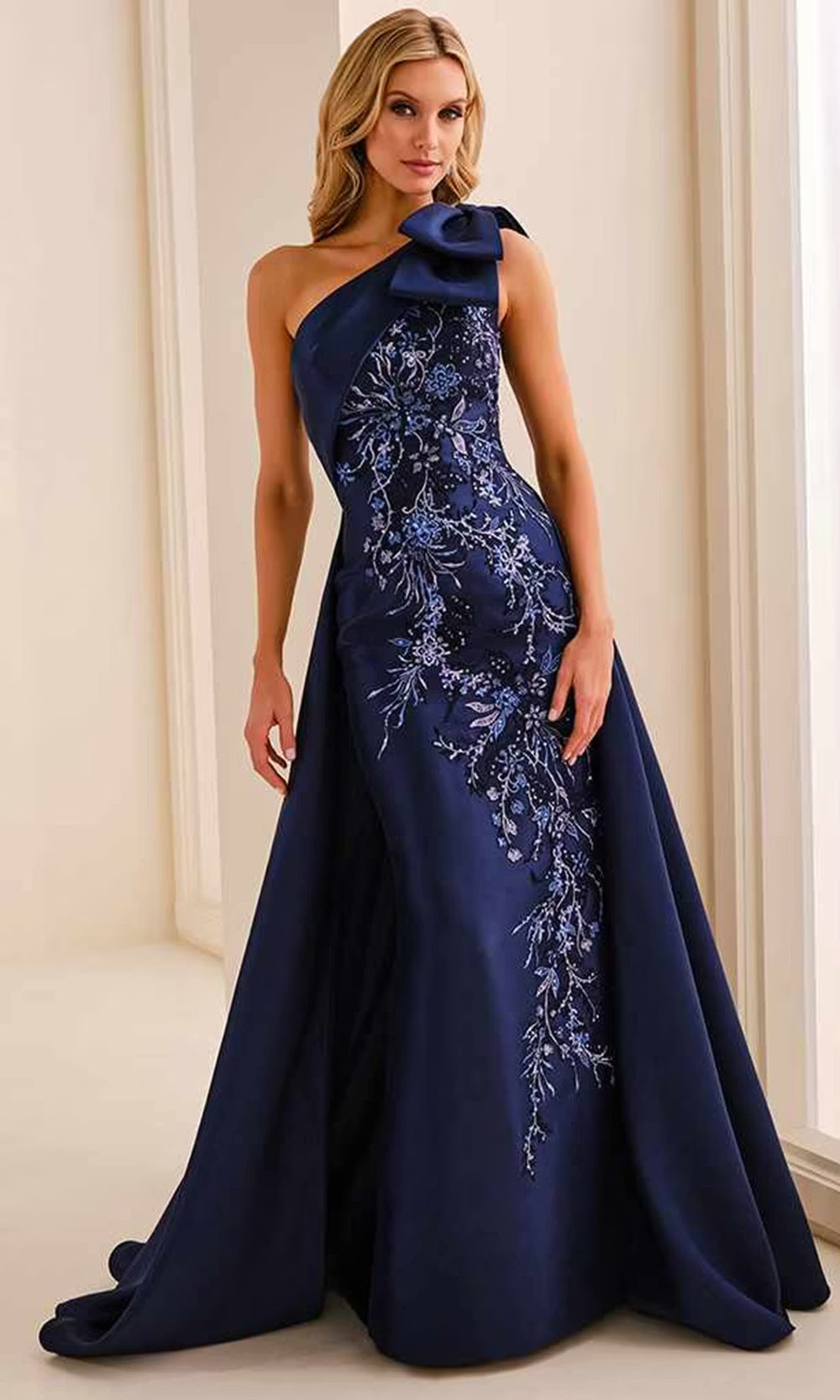 Ivonne D ID2207 - Embroidered Asymmetric Neck Column Dress Prom Dresses in Blue  