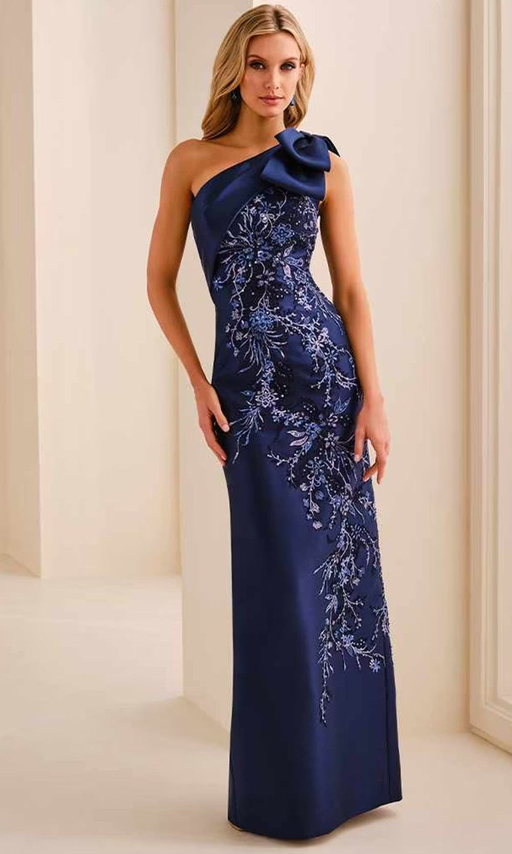 Ivonne D ID2207 - Embroidered Asymmetric Neck Column Dress Prom Dresses in Blue  