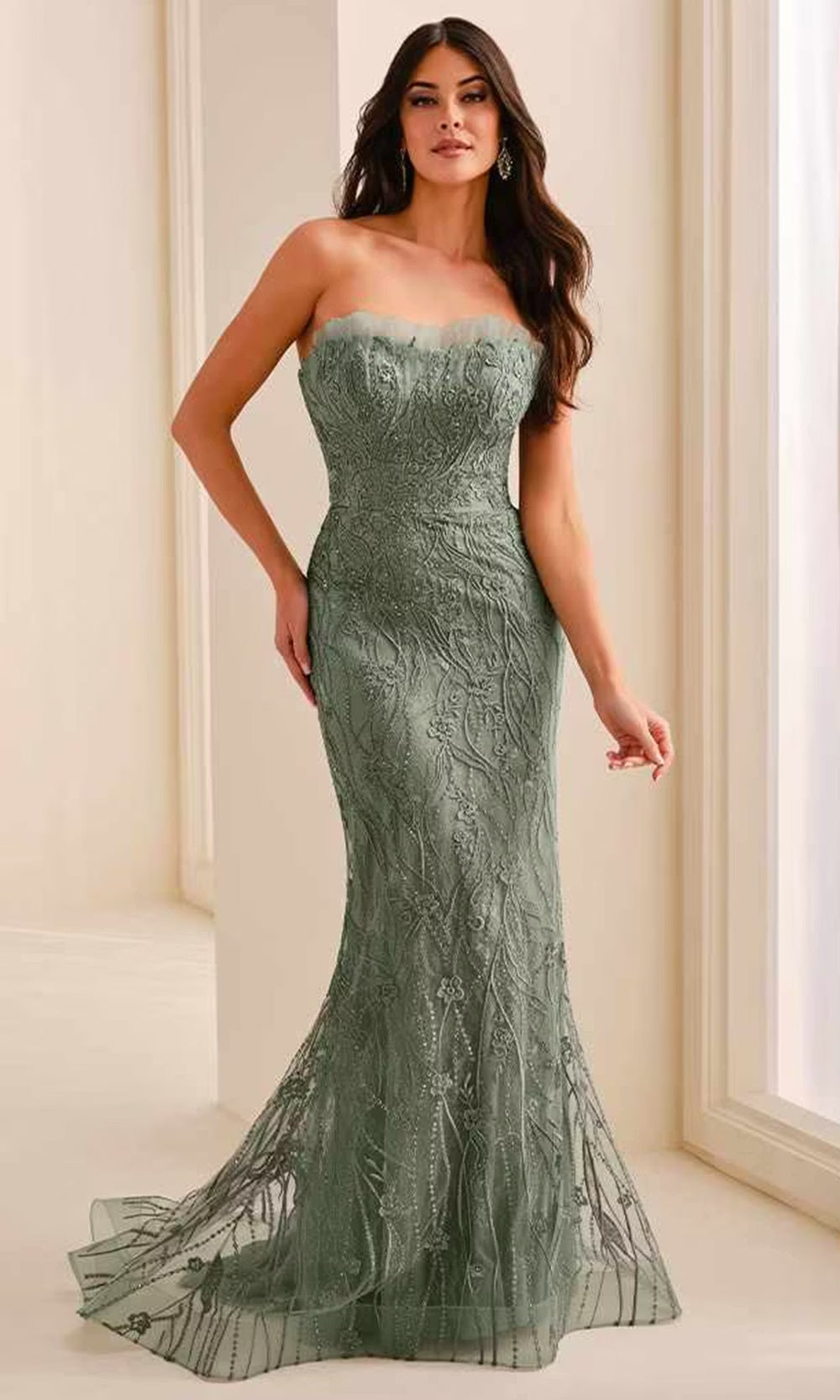 Ivonne D ID2212 - Ruffle Trim Embroidered Tulle Long Dress ball g in Green  