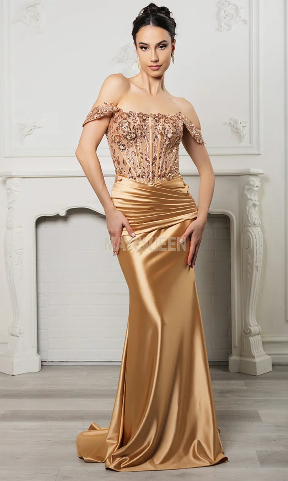 May Queen MQ2153B - Pleated Accent Red Carpet Dress Prom Dresses in Gold 