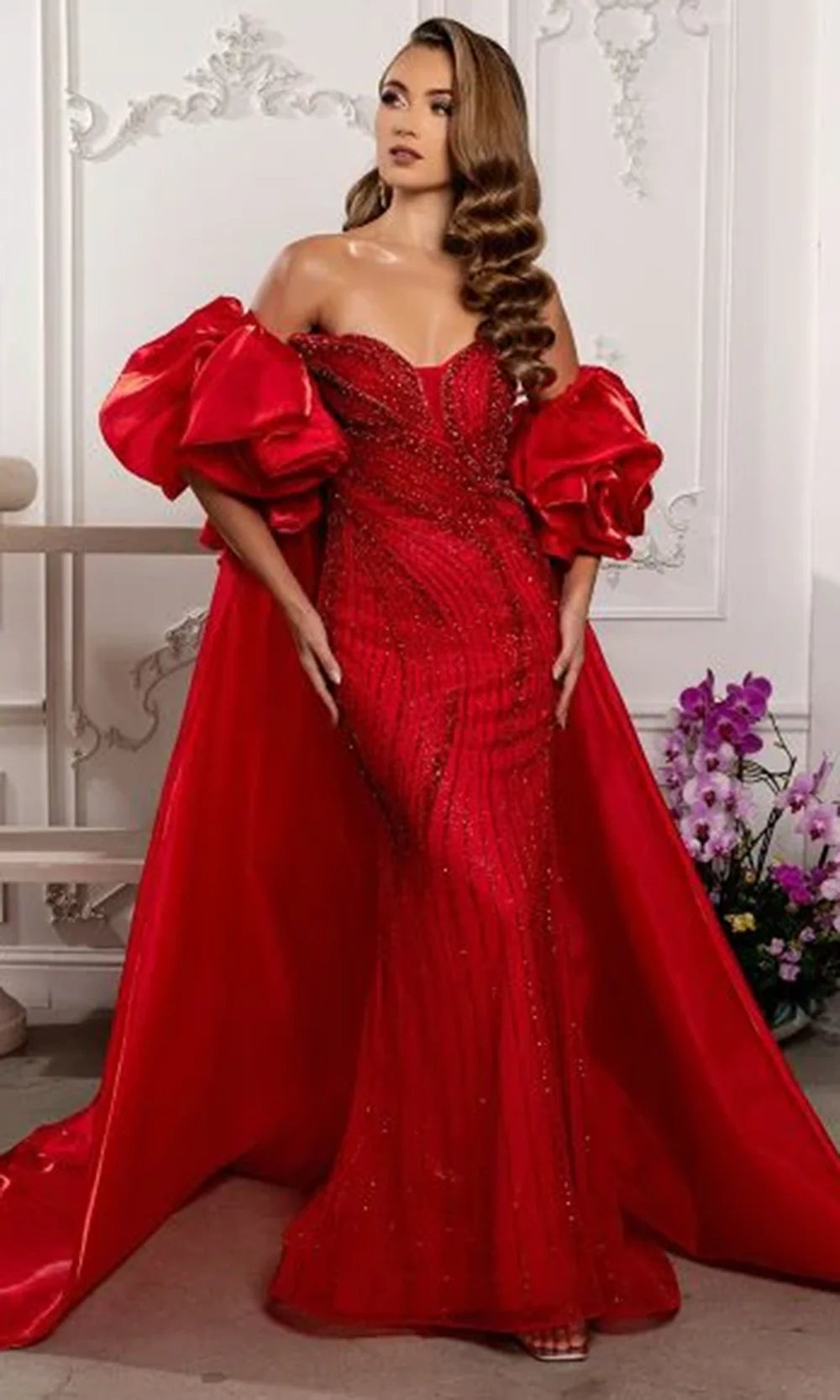 May Queen RQ8250 - Statement Cape Sweetheart Beaded Formal Gown
