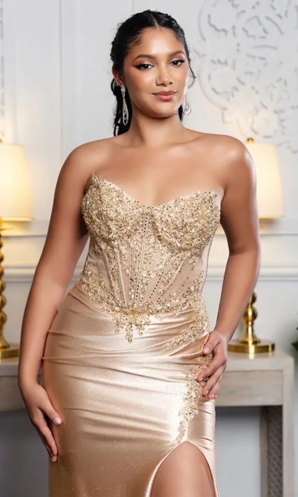 May Queen RQ8232 - Lace-Up Back Embellished Corset Prom Gown