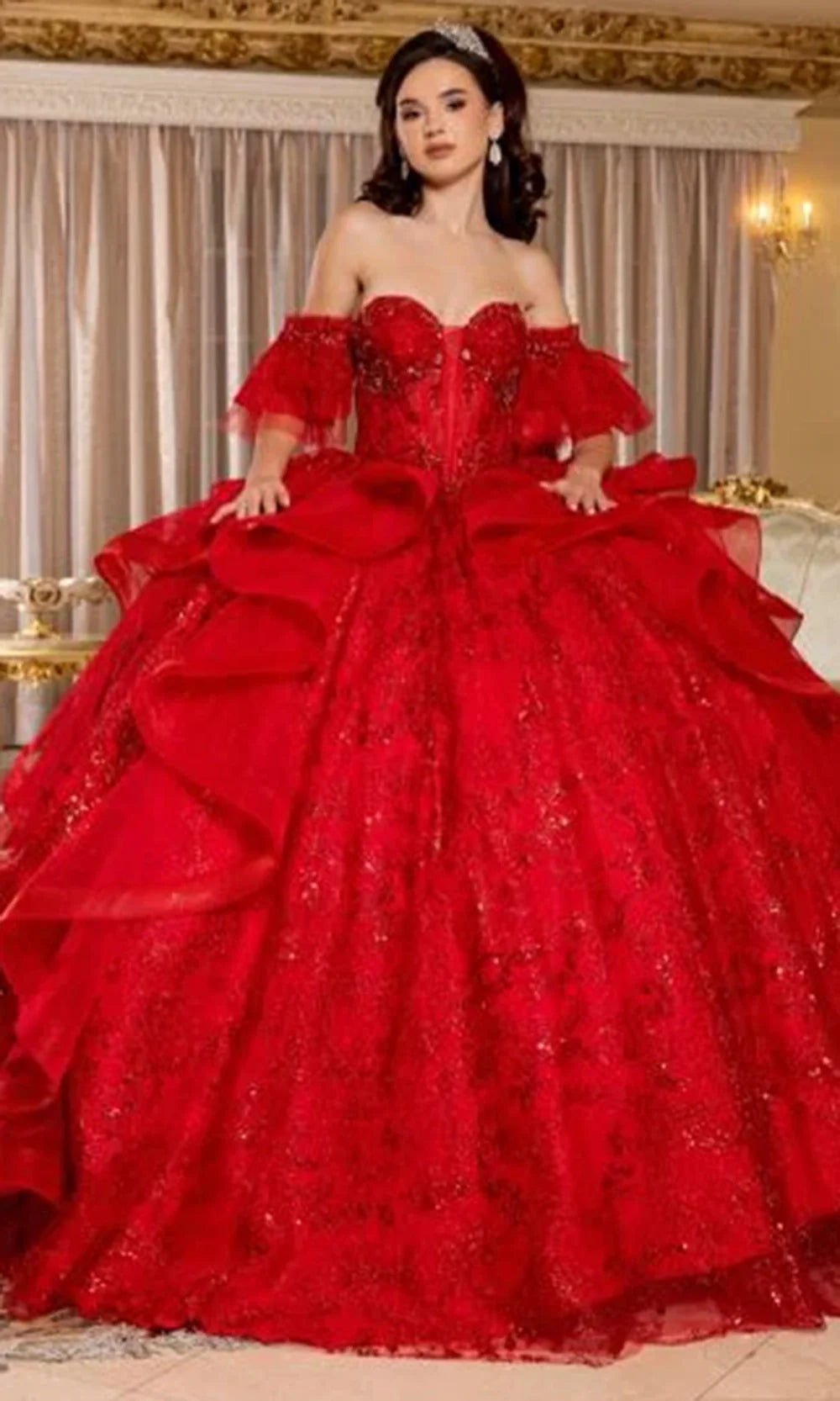 May Queen LK296 - Flutter Sleeve Ruffled Quinceanera Gown