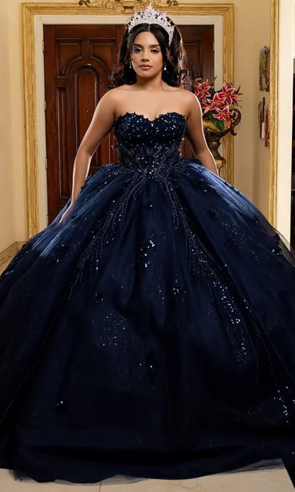 May Queen LK288 - Lace-Up Back Strapless Embroidered Ballgown