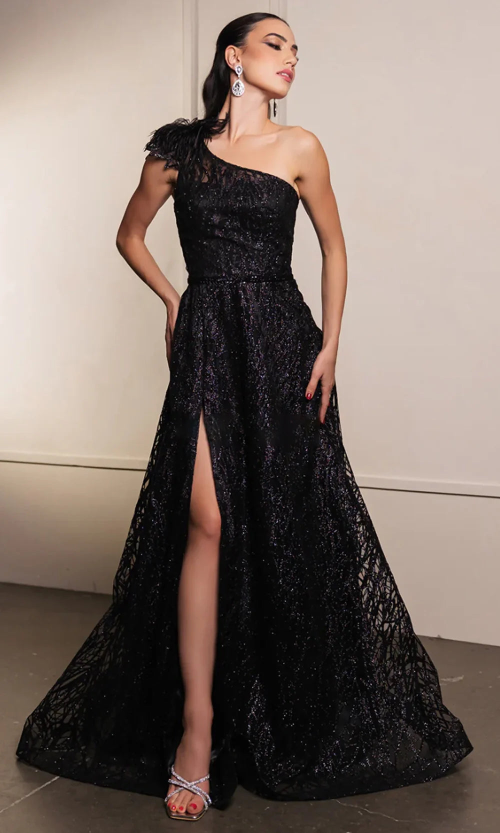 May Queen MQ2024B - Embellished Asymmetric Evening Gown with Feather Detail