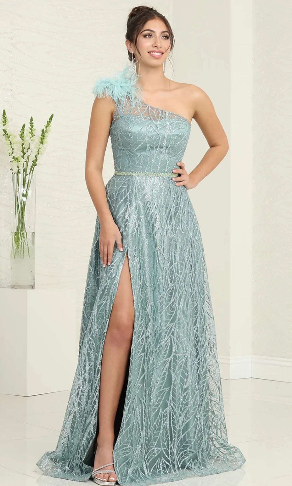 May Queen MQ2024B - Embellished Asymmetric Evening Gown with Feather Detail